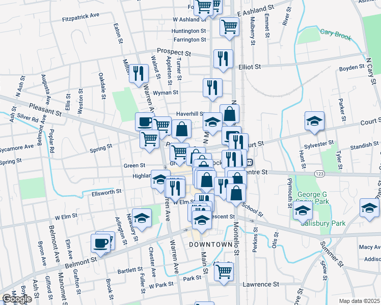 map of restaurants, bars, coffee shops, grocery stores, and more near 40 Pleasant Street in Brockton