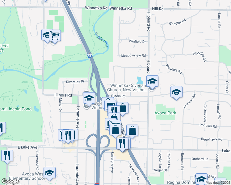 map of restaurants, bars, coffee shops, grocery stores, and more near 21 Longmeadow Road in Winnetka
