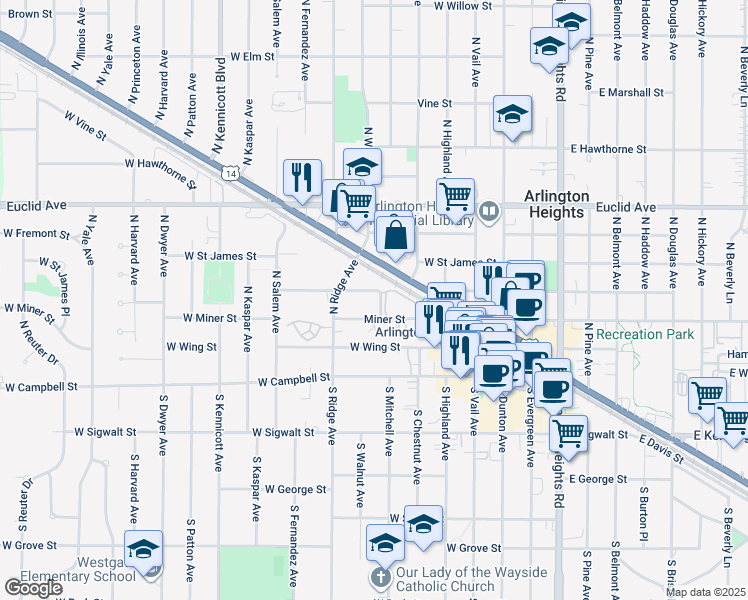 map of restaurants, bars, coffee shops, grocery stores, and more near 216 North Somerset Lane in Arlington Heights