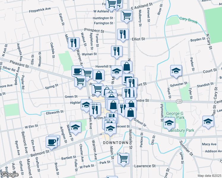 map of restaurants, bars, coffee shops, grocery stores, and more near 24 Pleasant Street in Brockton