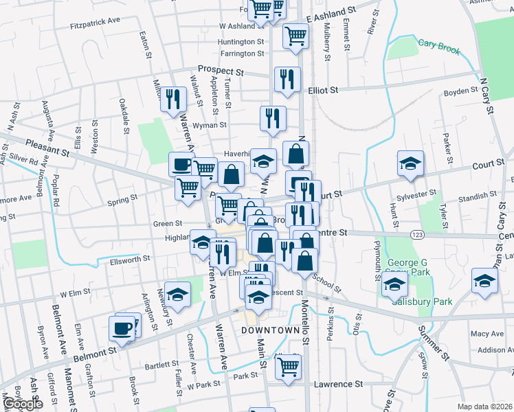 map of restaurants, bars, coffee shops, grocery stores, and more near 24 Pleasant Street in Brockton