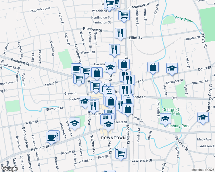 map of restaurants, bars, coffee shops, grocery stores, and more near 24 Pleasant Street in Brockton