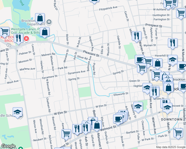 map of restaurants, bars, coffee shops, grocery stores, and more near 14 Poplar Road in Brockton