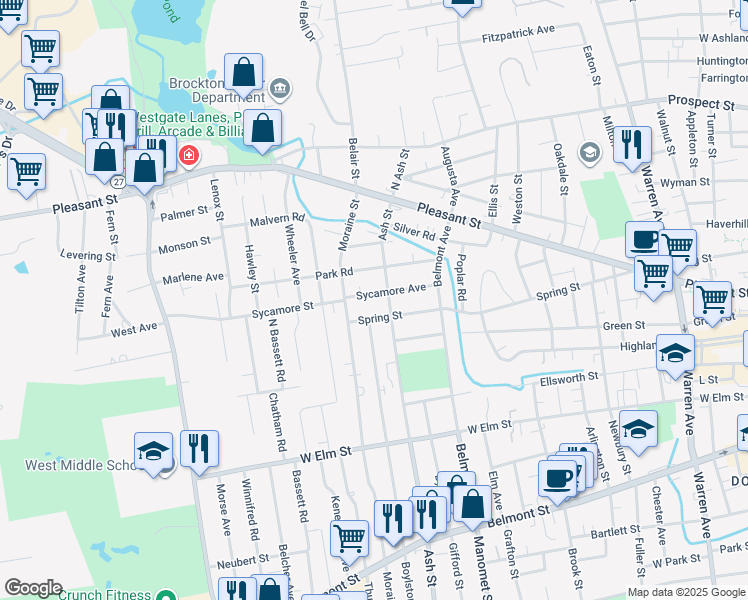map of restaurants, bars, coffee shops, grocery stores, and more near 70 Sycamore Avenue in Brockton