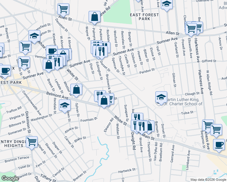 map of restaurants, bars, coffee shops, grocery stores, and more near 87 Brunswick Street in Springfield