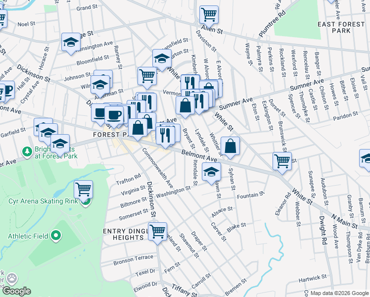 map of restaurants, bars, coffee shops, grocery stores, and more near 61 Orlando Street in Springfield