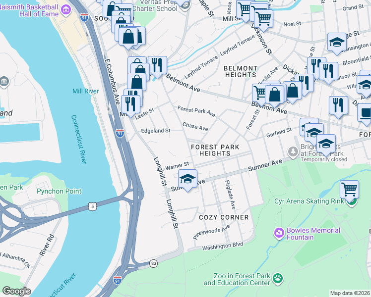 map of restaurants, bars, coffee shops, grocery stores, and more near 210 Fort Pleasant Avenue in Springfield