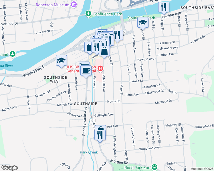 map of restaurants, bars, coffee shops, grocery stores, and more near 51 Mitchell Avenue in Binghamton