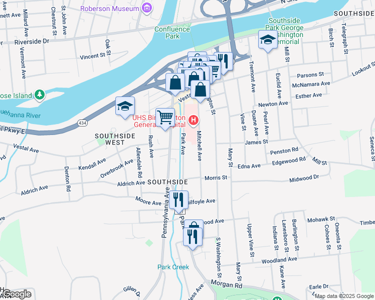 map of restaurants, bars, coffee shops, grocery stores, and more near 41 Park Avenue in Binghamton