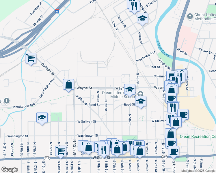 map of restaurants, bars, coffee shops, grocery stores, and more near 506 North 8th Street in Olean