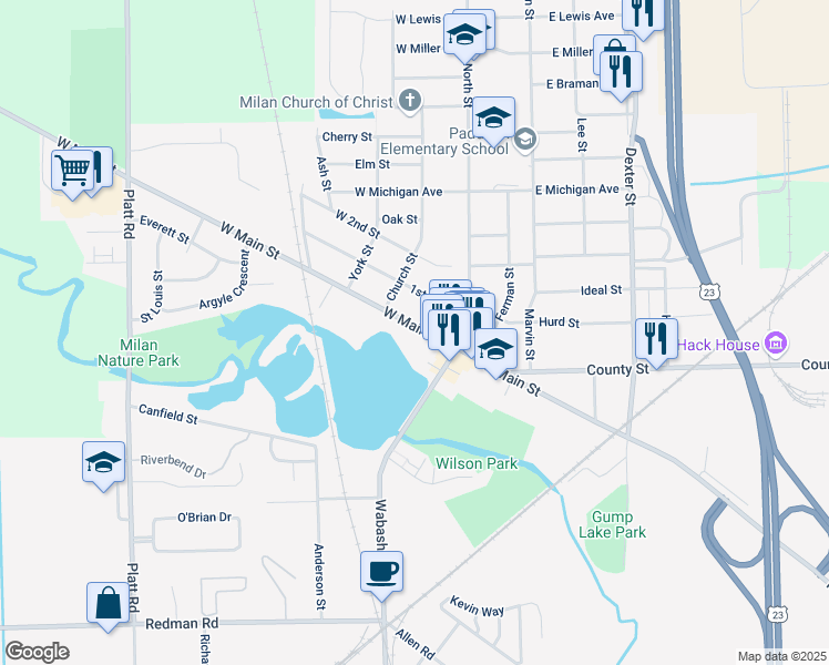 map of restaurants, bars, coffee shops, grocery stores, and more near 67 West Main Street in Milan