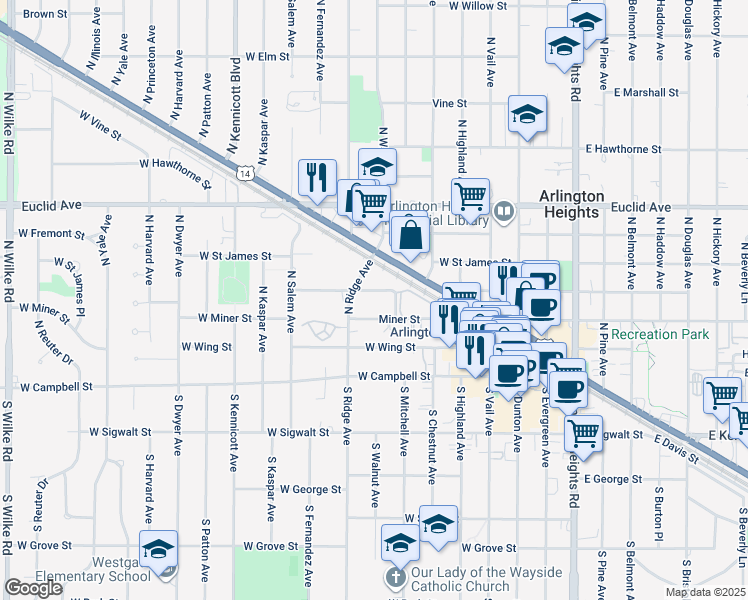 map of restaurants, bars, coffee shops, grocery stores, and more near 216 North Somerset Lane in Arlington Heights
