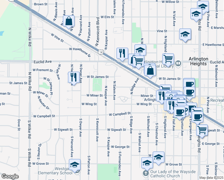 map of restaurants, bars, coffee shops, grocery stores, and more near 202 North Salem Avenue in Arlington Heights