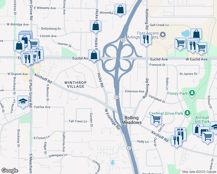 map of restaurants, bars, coffee shops, grocery stores, and more near 2240 Hicks Road in Rolling Meadows