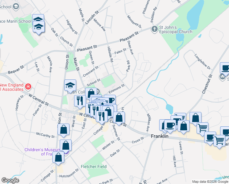 map of restaurants, bars, coffee shops, grocery stores, and more near 38 Emmons Street in Franklin