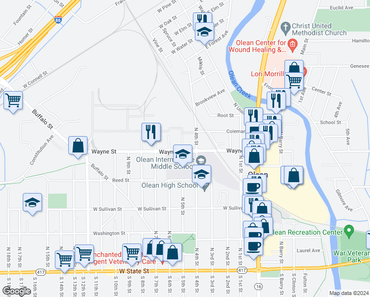 map of restaurants, bars, coffee shops, grocery stores, and more near 500 North 5th Street in Olean