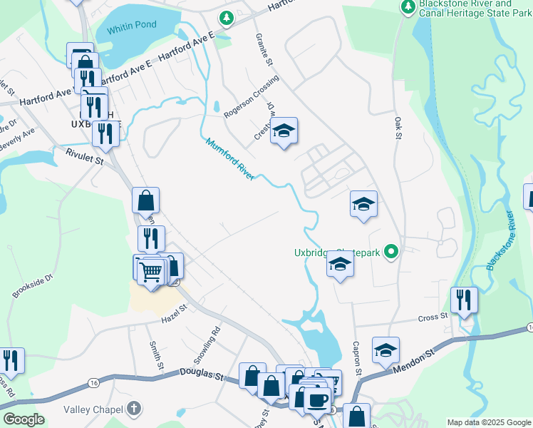 map of restaurants, bars, coffee shops, grocery stores, and more near 90 Homeward Avenue in Uxbridge