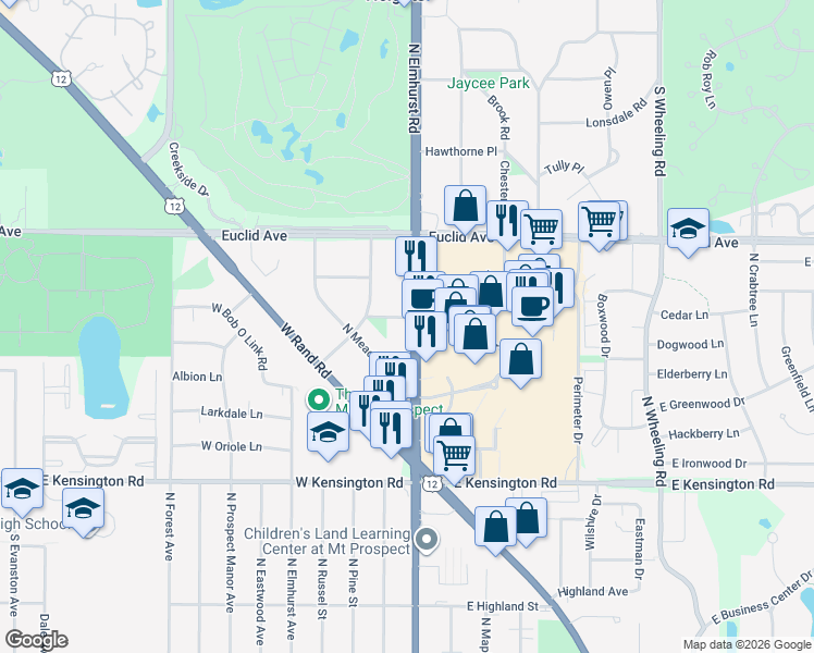 map of restaurants, bars, coffee shops, grocery stores, and more near 1 Oxford Place in Mount Prospect