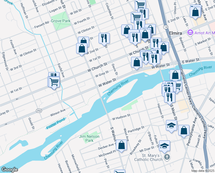 map of restaurants, bars, coffee shops, grocery stores, and more near 451 West Water Street in Elmira