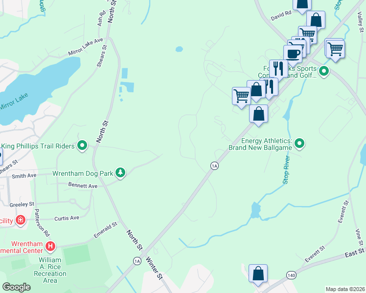 map of restaurants, bars, coffee shops, grocery stores, and more near 635 Dedham Street in Wrentham