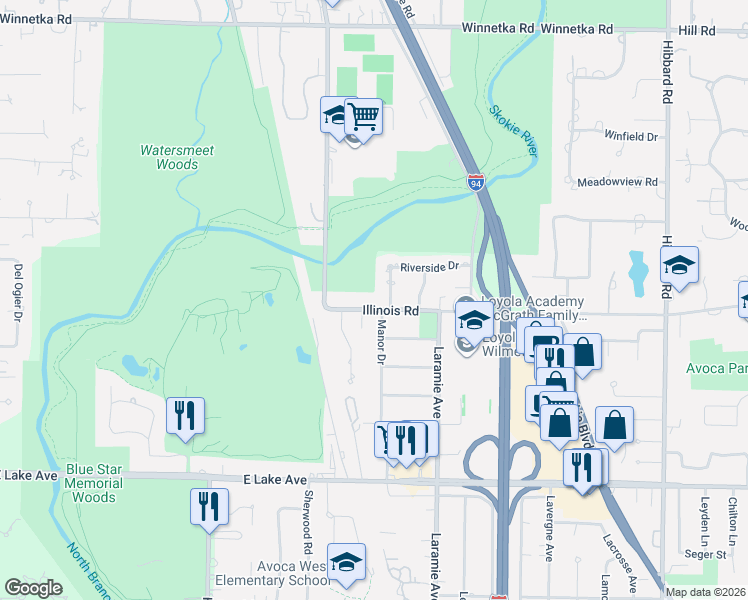 map of restaurants, bars, coffee shops, grocery stores, and more near 1211 Manor Drive in Wilmette