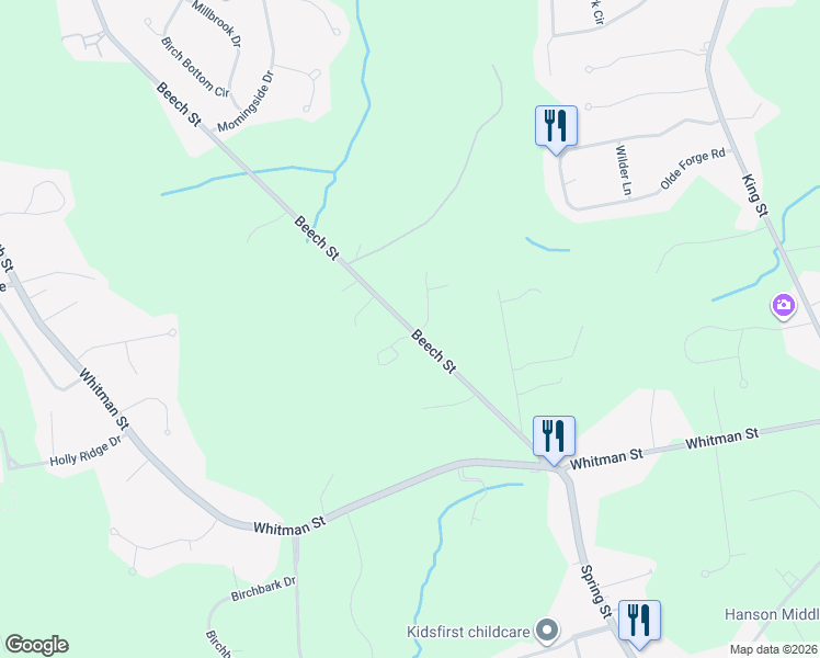 map of restaurants, bars, coffee shops, grocery stores, and more near 501 Spring Street in Hanson