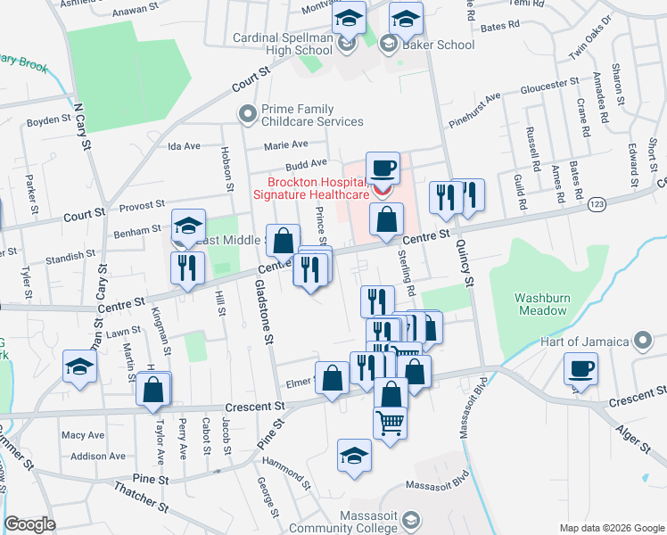 map of restaurants, bars, coffee shops, grocery stores, and more near 15 Galen Street in Brockton