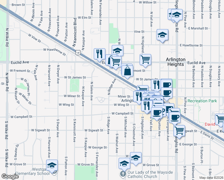 map of restaurants, bars, coffee shops, grocery stores, and more near 527 West Eastman Street in Arlington Heights