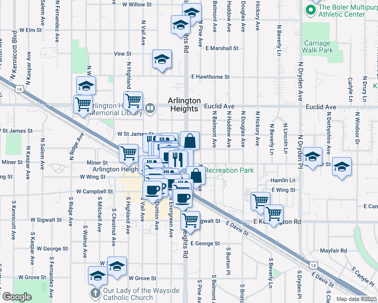 map of restaurants, bars, coffee shops, grocery stores, and more near 215 North Arlington Heights Road in Arlington Heights