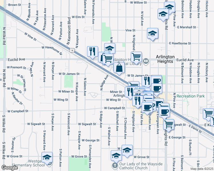 map of restaurants, bars, coffee shops, grocery stores, and more near 518 West Miner Street in Arlington Heights