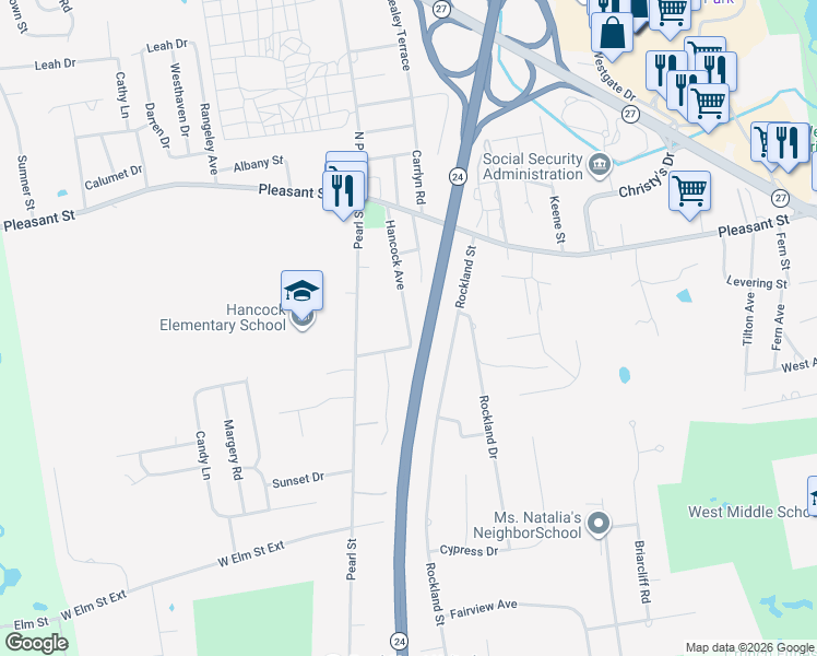 map of restaurants, bars, coffee shops, grocery stores, and more near 99 Hancock Avenue in Brockton