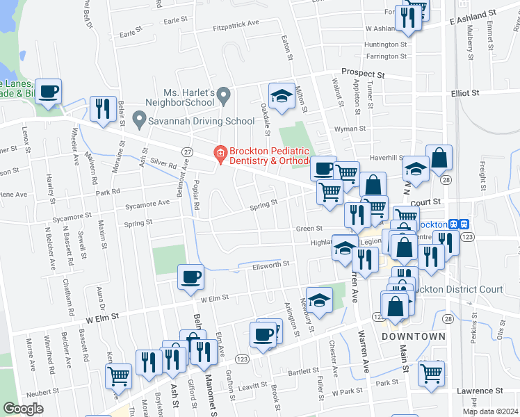 map of restaurants, bars, coffee shops, grocery stores, and more near 206 Spring Street in Brockton