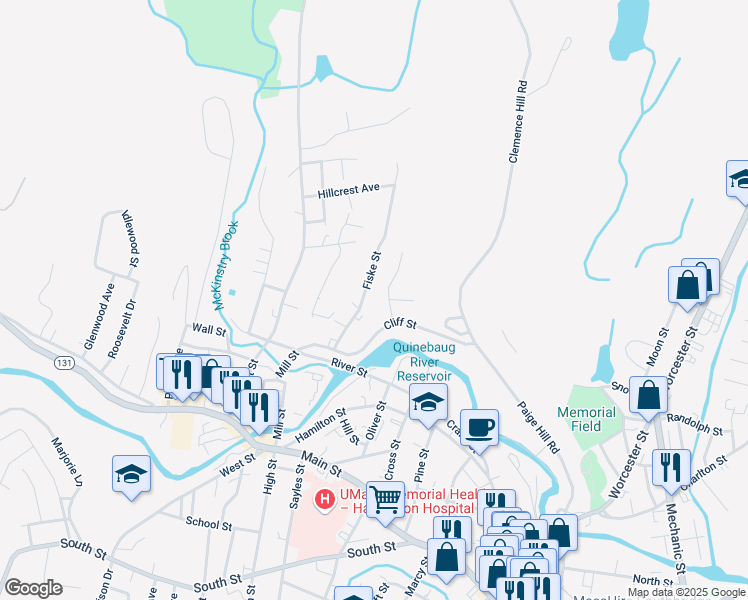 map of restaurants, bars, coffee shops, grocery stores, and more near 69 Fiske Street in Southbridge