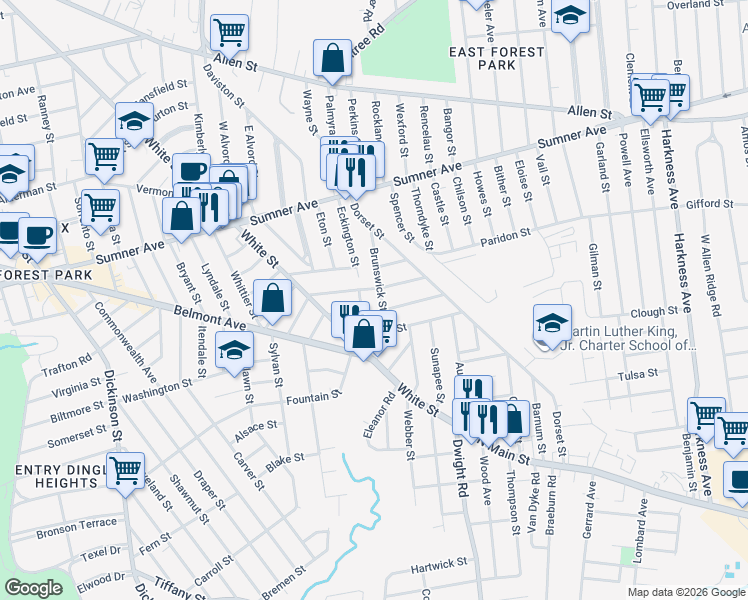 map of restaurants, bars, coffee shops, grocery stores, and more near 87 Brunswick Street in Springfield