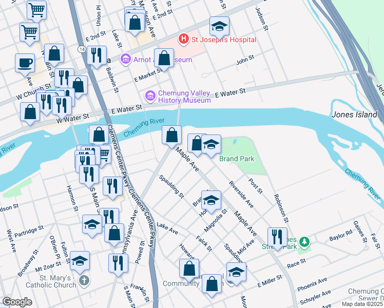 map of restaurants, bars, coffee shops, grocery stores, and more near 404 Catherine Street in Elmira