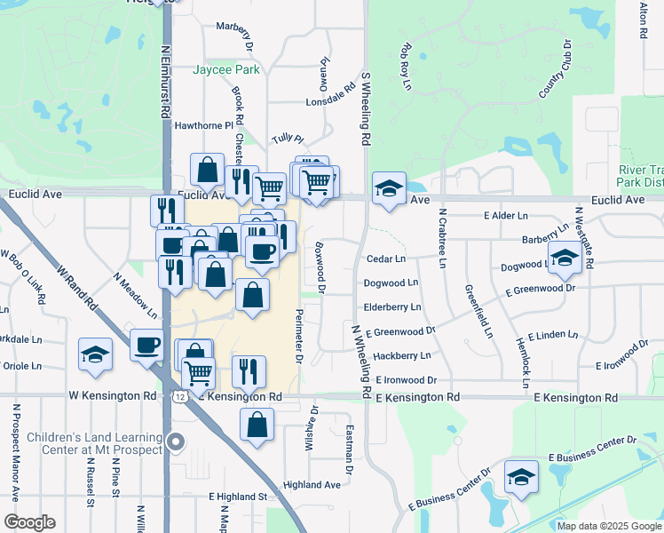 map of restaurants, bars, coffee shops, grocery stores, and more near 1165 North Boxwood Drive in Mount Prospect