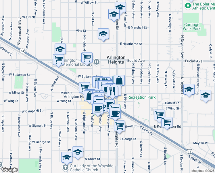 map of restaurants, bars, coffee shops, grocery stores, and more near 299 North Dunton Avenue in Arlington Heights