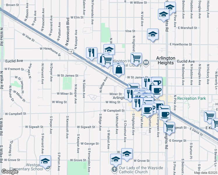 map of restaurants, bars, coffee shops, grocery stores, and more near 216 North Somerset Lane in Arlington Heights
