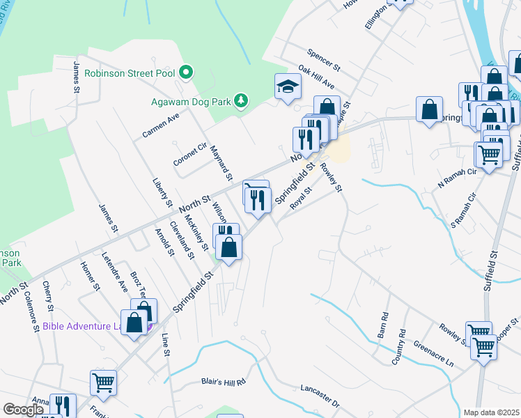 map of restaurants, bars, coffee shops, grocery stores, and more near 7 Kristen Lane in Agawam