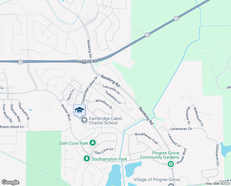 map of restaurants, bars, coffee shops, grocery stores, and more near 591 Lancaster Drive in Pingree Grove