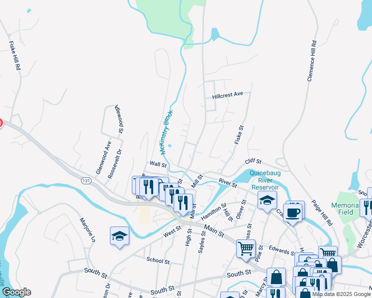 map of restaurants, bars, coffee shops, grocery stores, and more near 40 Plimpton Street in Southbridge