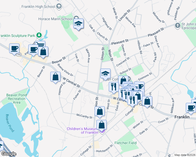 map of restaurants, bars, coffee shops, grocery stores, and more near 121 Union Street in Franklin