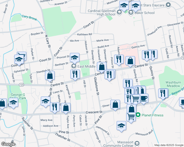 map of restaurants, bars, coffee shops, grocery stores, and more near 530 Centre Street in Brockton