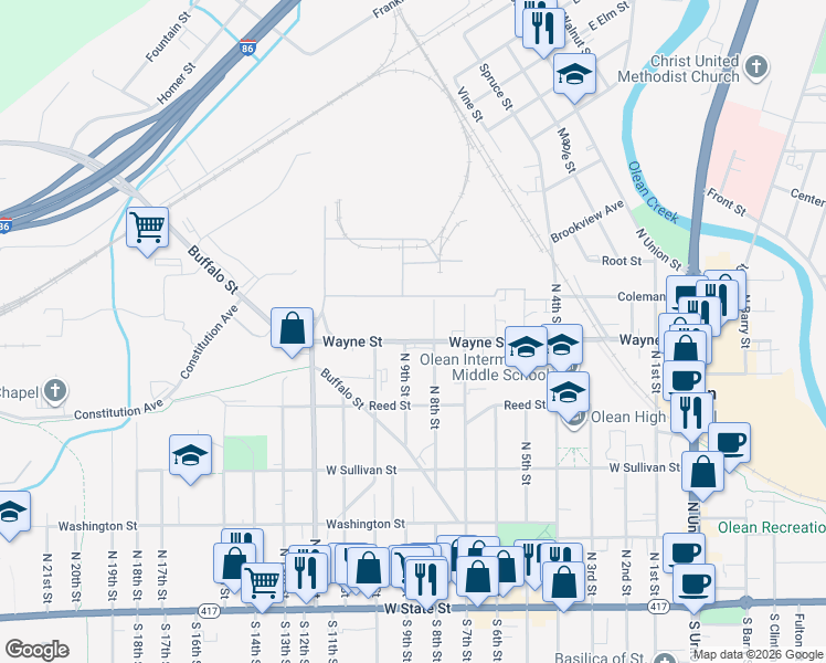 map of restaurants, bars, coffee shops, grocery stores, and more near 910 Wayne St in Olean