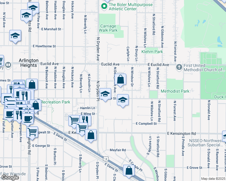map of restaurants, bars, coffee shops, grocery stores, and more near 222 North Derbyshire Avenue in Arlington Heights
