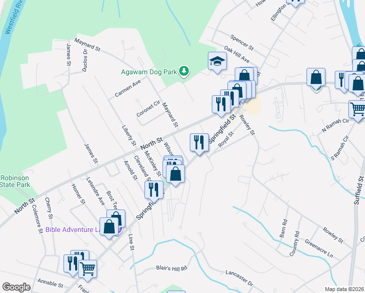map of restaurants, bars, coffee shops, grocery stores, and more near 32 Harding Street in Agawam