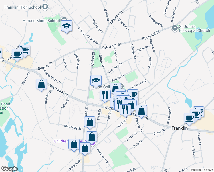 map of restaurants, bars, coffee shops, grocery stores, and more near 118 Main Street in Franklin