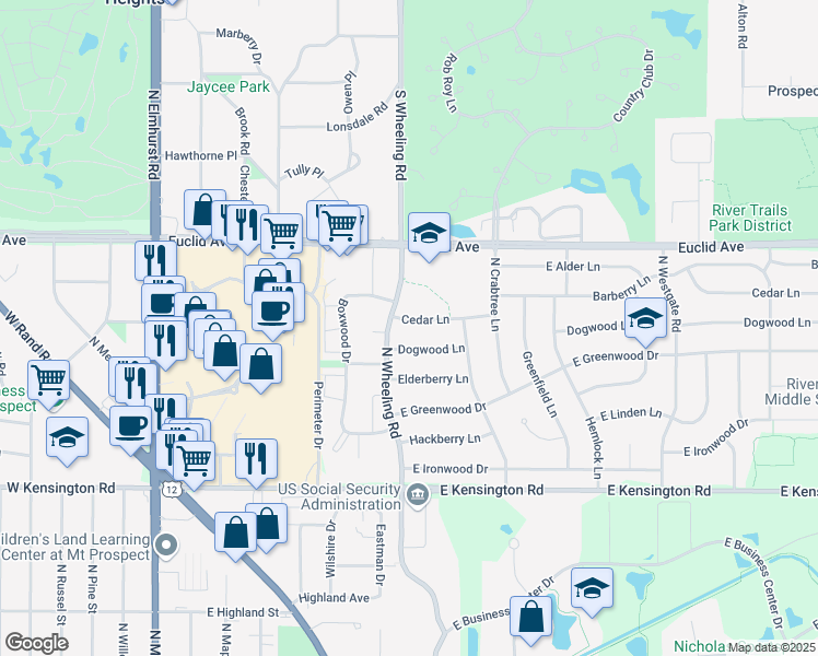 map of restaurants, bars, coffee shops, grocery stores, and more near 603 Cedar Lane in Mount Prospect