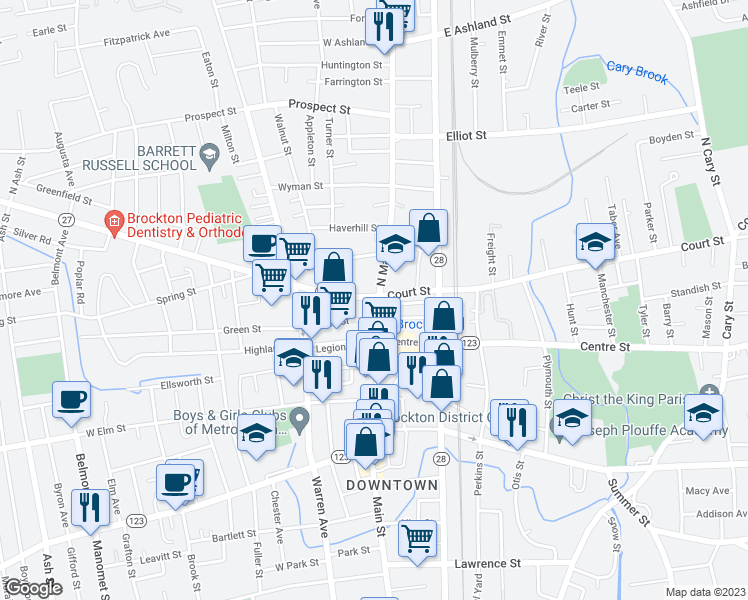 map of restaurants, bars, coffee shops, grocery stores, and more near 1 Main Street in Brockton