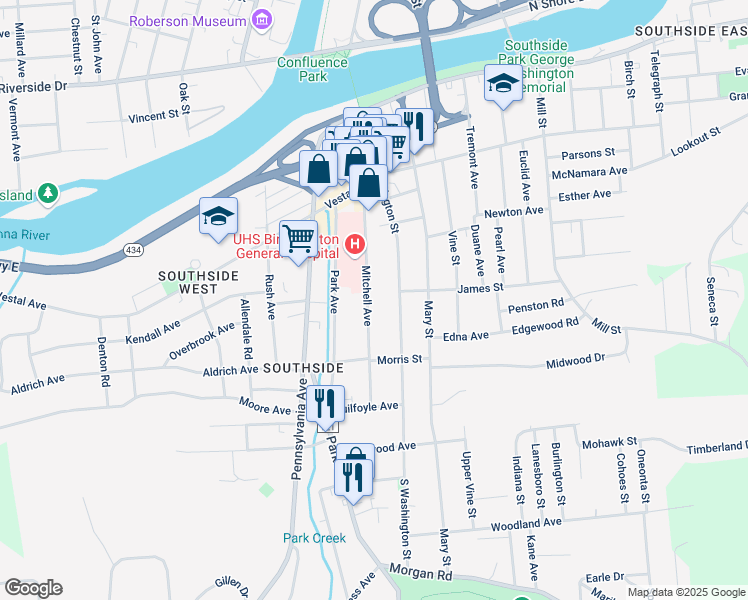 map of restaurants, bars, coffee shops, grocery stores, and more near 51 Mitchell Avenue in Binghamton